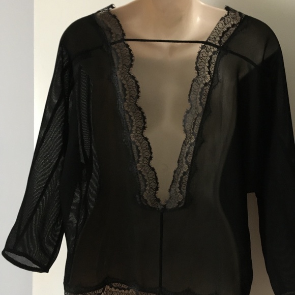 SANDRO Paris Black Crepe + Lace Deep V Back Blouse S - Picture 5 of 6